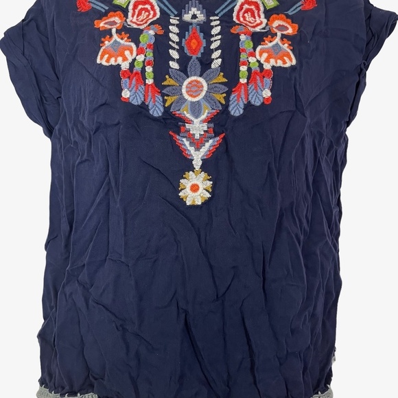 TEA N ROSE Embroidered Navy Blue Short Sleeve Pop Over Blouse Top Shirt Boho  S - Picture 3 of 16
